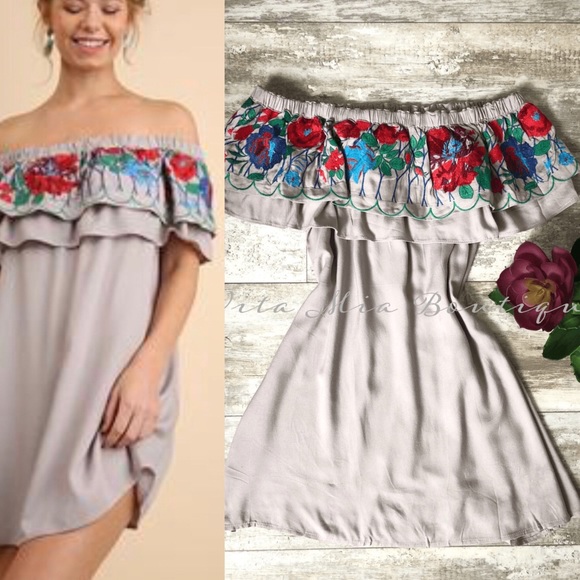 Dresses & Skirts - Floral Embroidered Off Shoulder Dress
